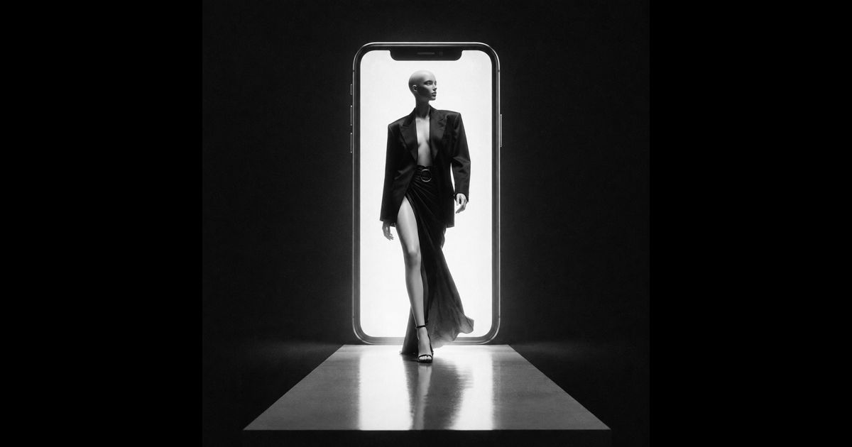Fashion model emerging from a smartphone-shaped portal